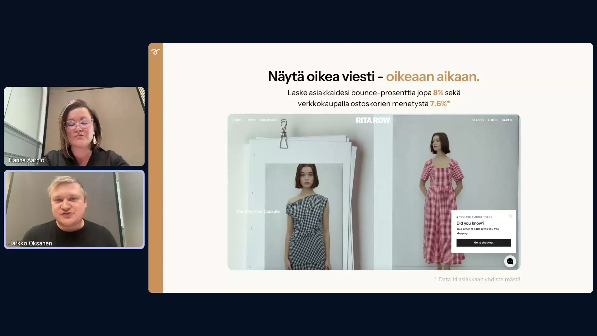 Webinaarin kalvo: oikeaan aikaan näytetty viesti laski poistumisprosenttia ja vähensi hylättyjä ostoskoreja.