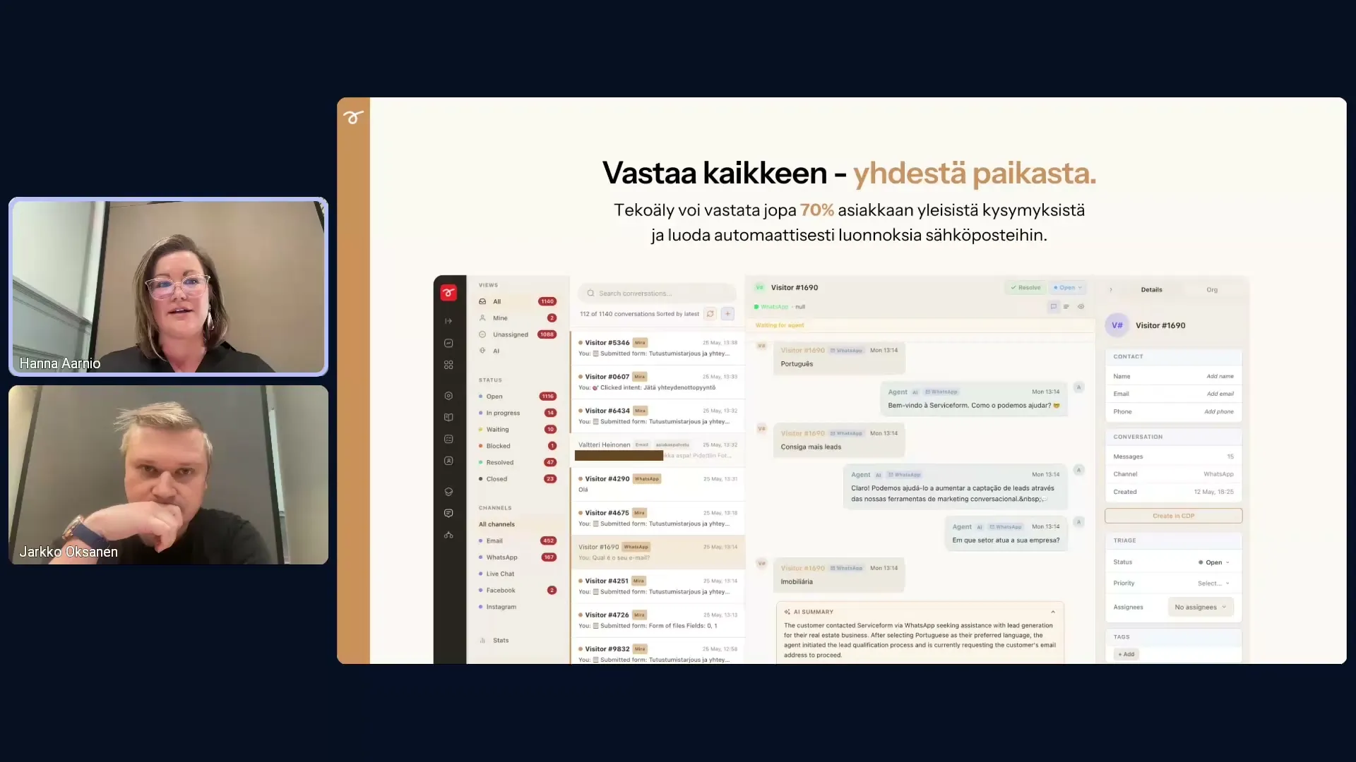 Webinaarin kalvo: tekoäly vastaa yleisiin kysymyksiin ja kokoaa kanavat yhteen näkymään.