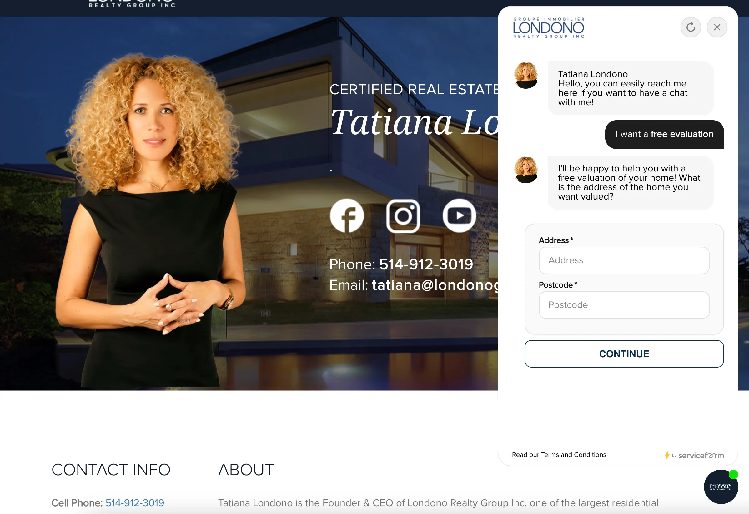 Geöffneter Chatbot auf der Maklerseite der Londono Group