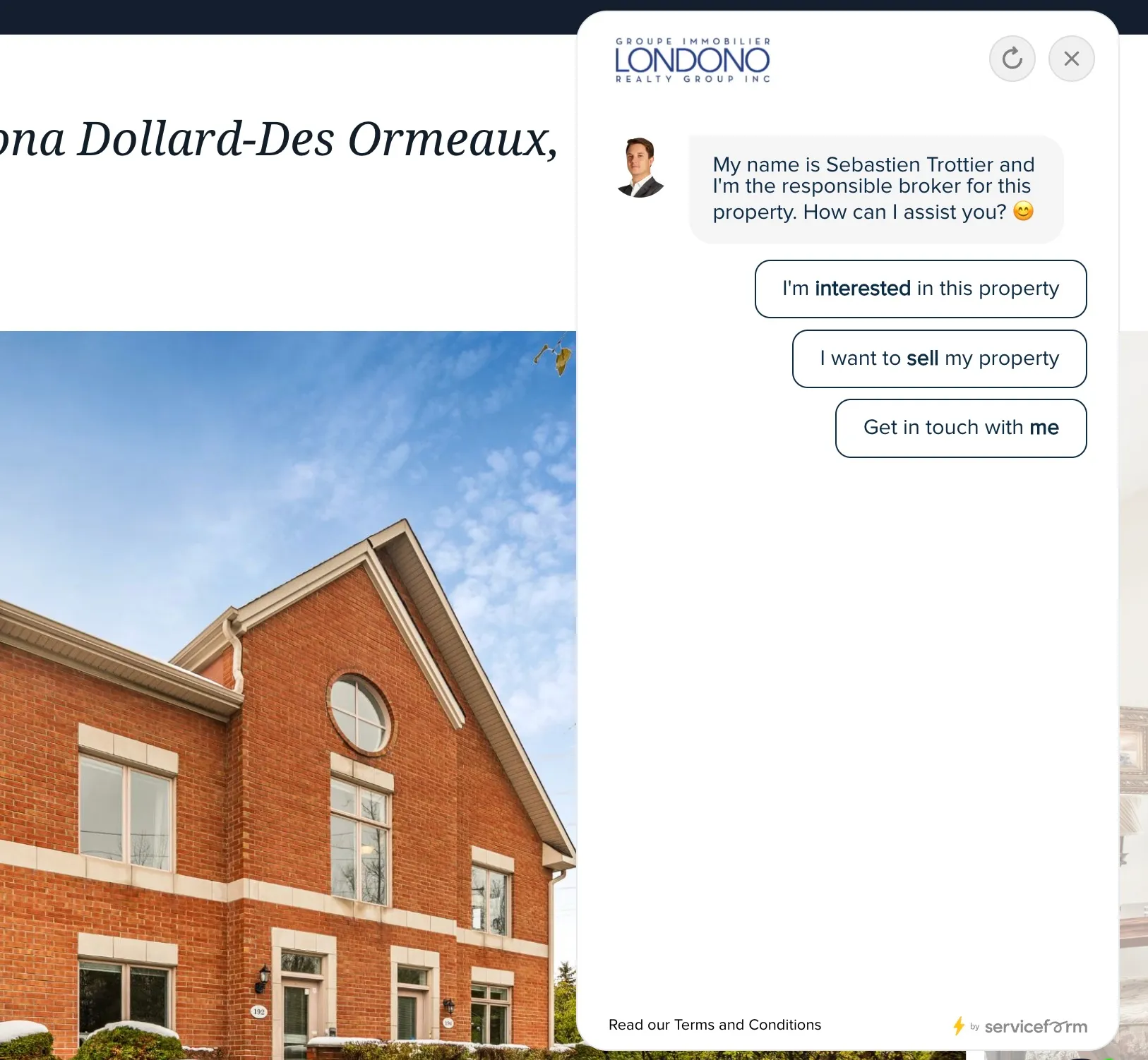 Geöffneter Chatbot auf der Objektseite der Londono Group