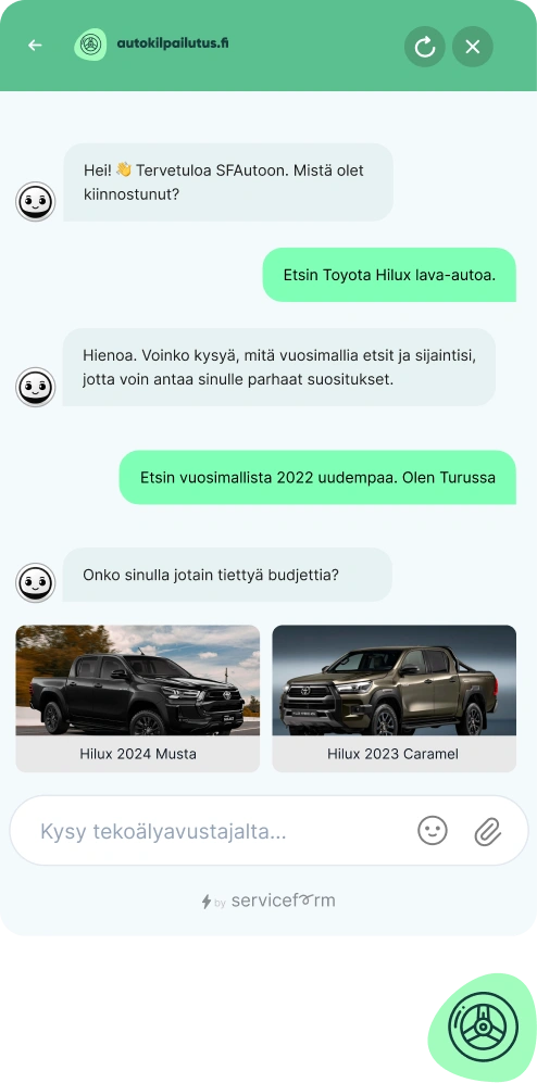 Tuotedemo, jossa asiakas hakee Toyota Hiluxia vuosimallin ja sijainnin perusteella