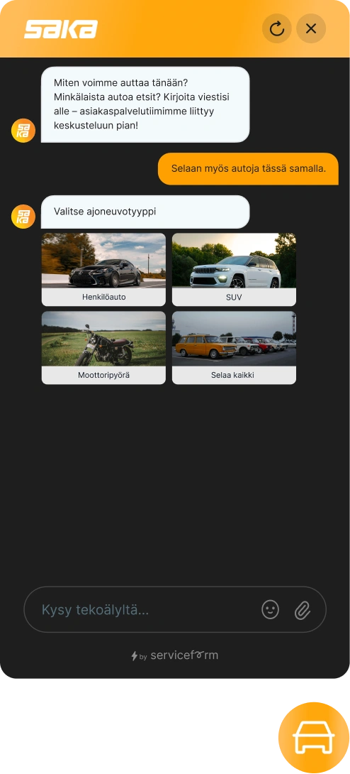 Sakan sivustolla asiakas voi aloittaa autohaun ajoneuvotyypistä tai kirjoittaa tarpeensa