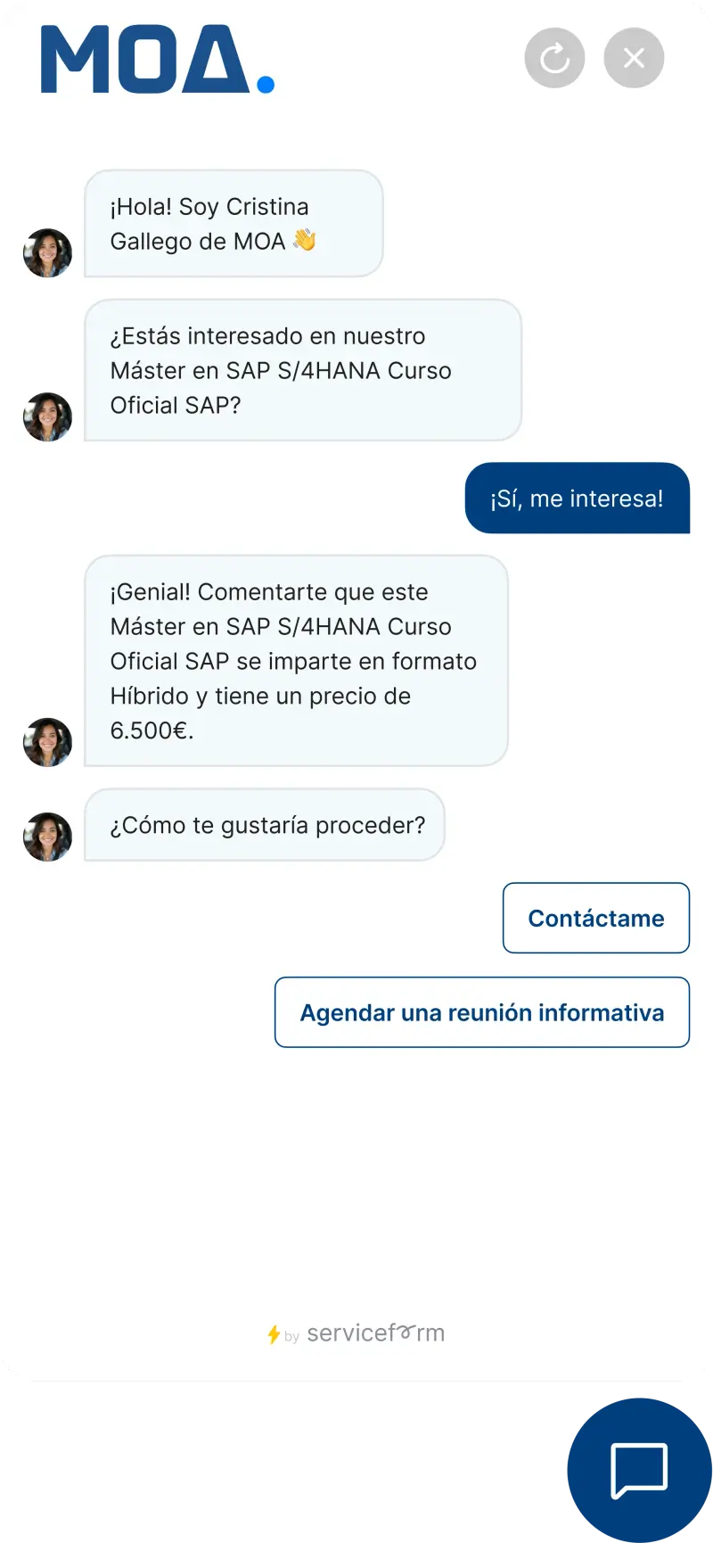 Serviceform bot on an education website — enquiry capture example