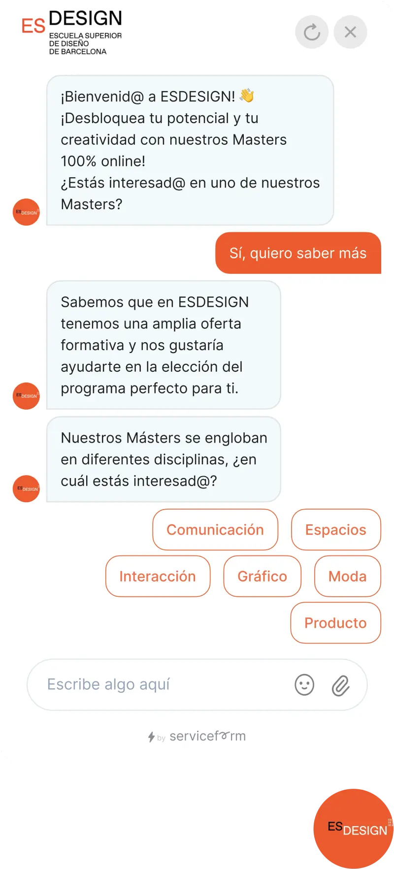 Serviceform bot on an education website — enrollment example
