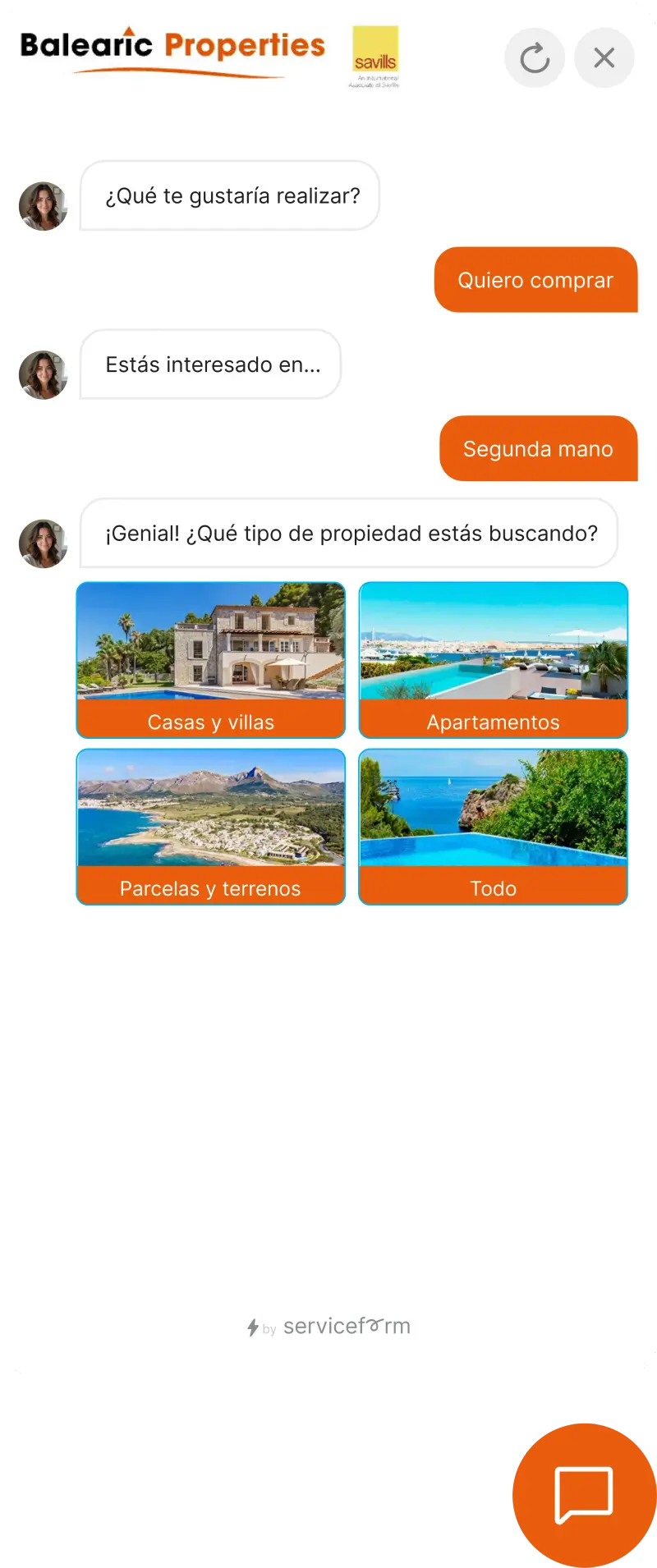 Serviceform bot on a real estate website — property search example