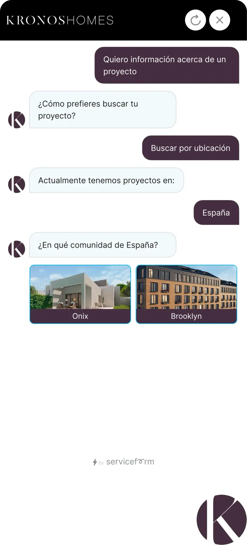 Serviceform bot on a real estate website — buyer qualification example
