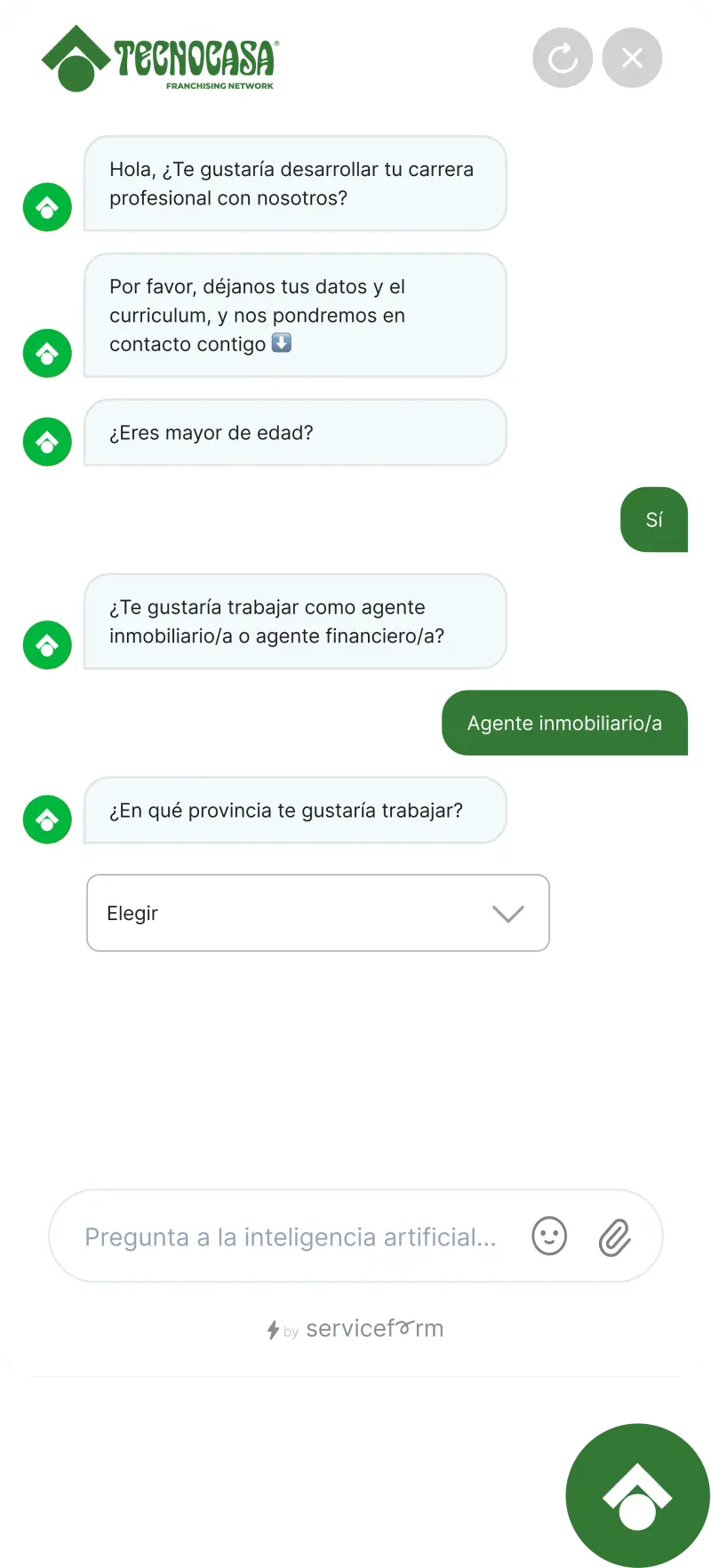 Serviceform bot on a real estate website — seller lead example