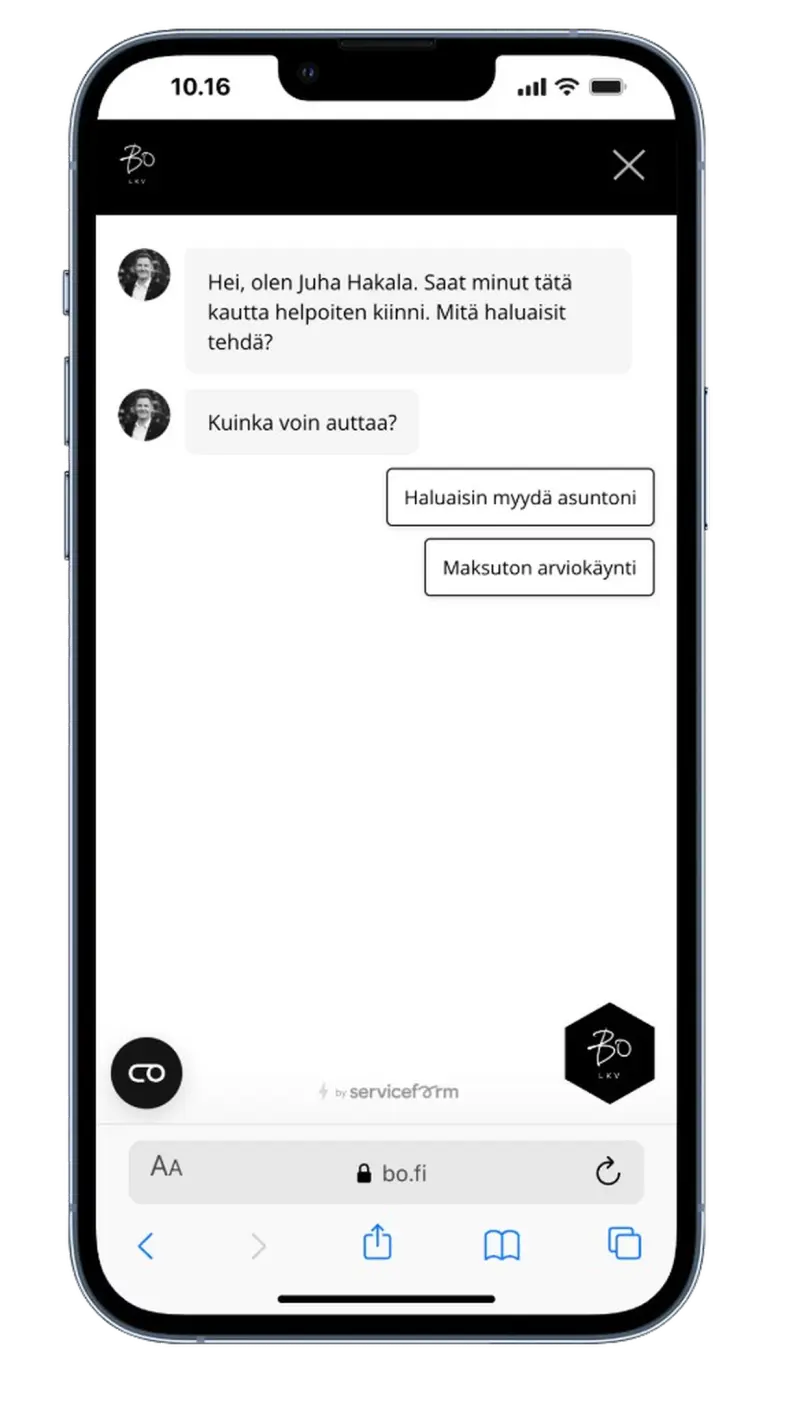 Serviceform-botti suomalaisella verkkosivulla, esimerkki 16