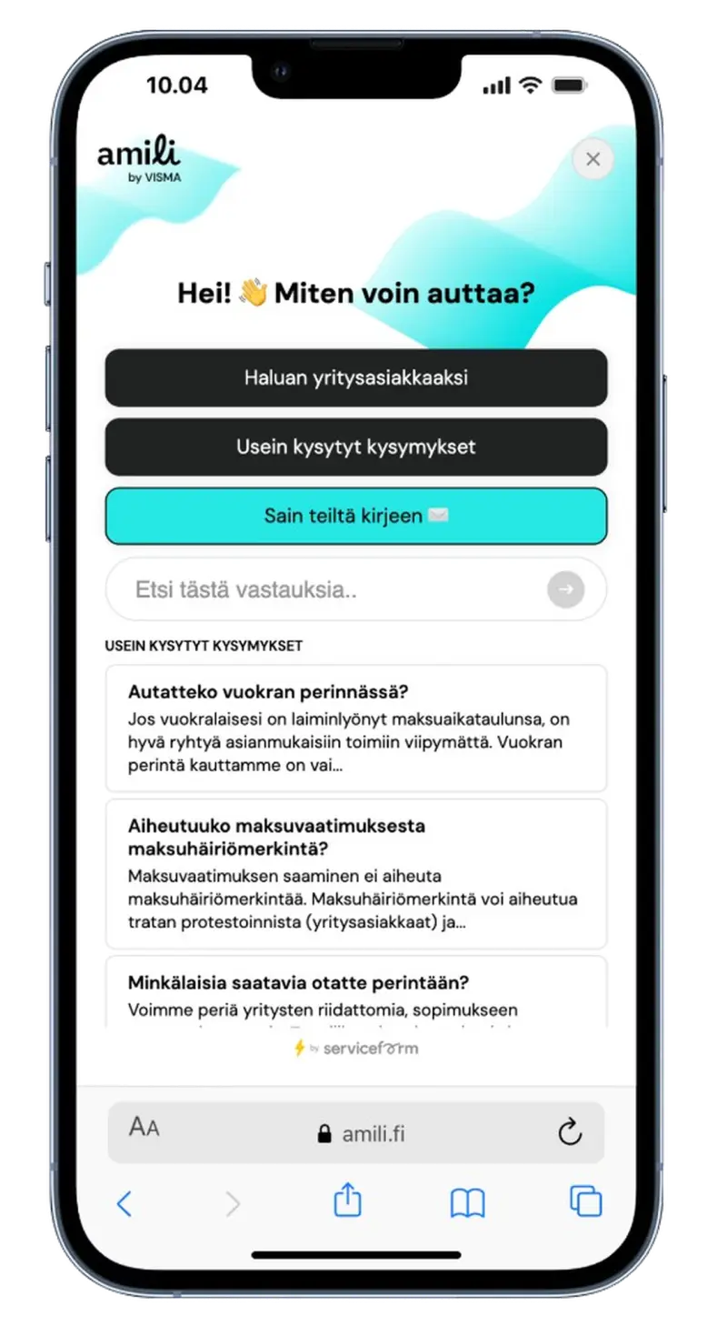Serviceform-botti suomalaisella verkkosivulla, esimerkki 7